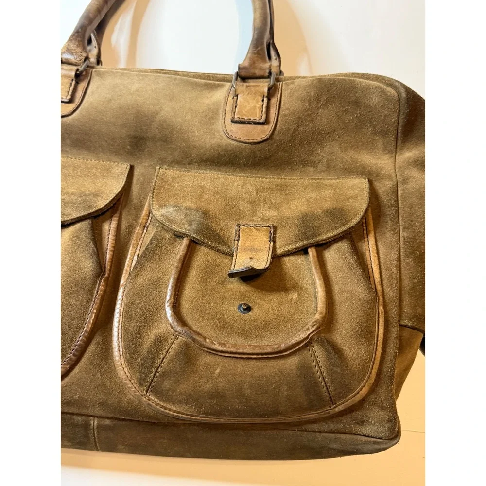 John Varvatos Mens Suede Leather Briefcase carryon Handmade in Italy Distressed